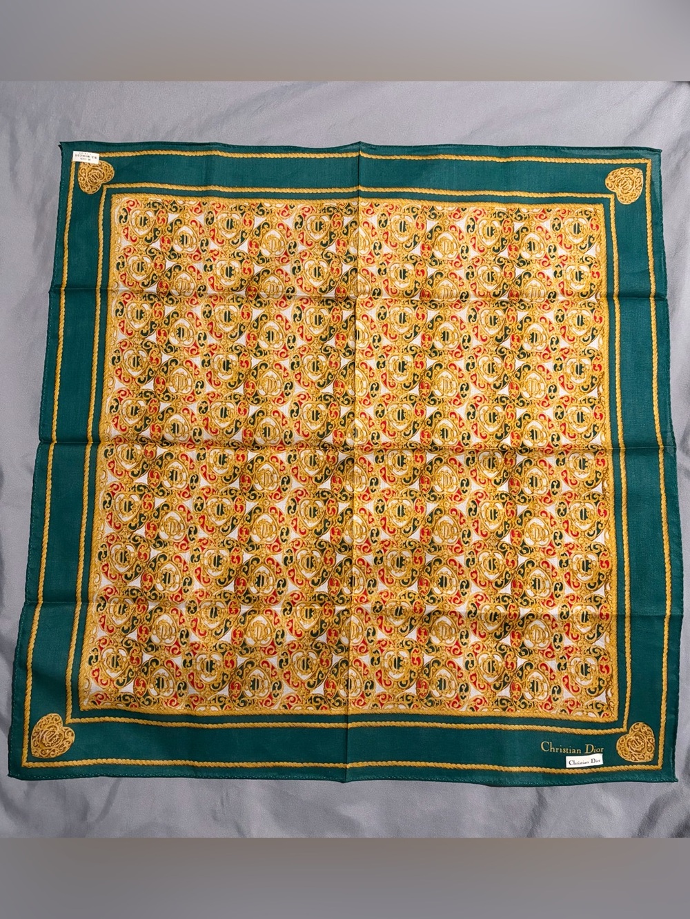 Vintage Christian Dior Green Gold Baroque Cotton Scarf Handkerchief Japan 19”